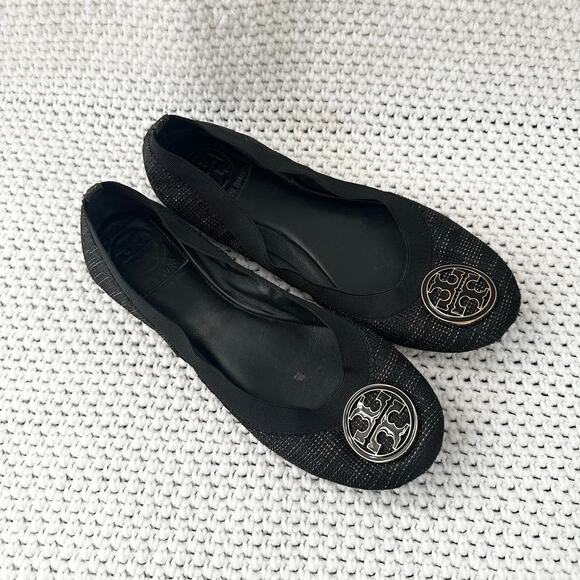 Tory Burch Black Gold Tweed Fabric Caroline Classic Reva Ballet Flats Shoes 6.5 - Picture 2 of 12